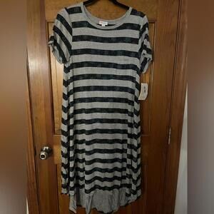 LuLaRoe Carly Dress Gray Stripes Blue Swing T Shirt Flowy High Low Small NWT